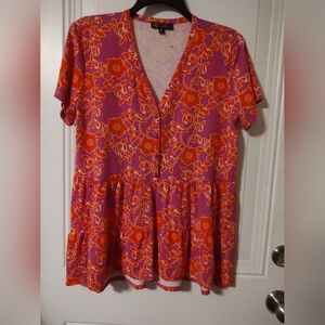 DG2 by Diane Gilman Vibrant Pink and Orange Floral Blouse